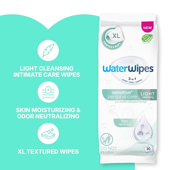WaterWipes Sensitive Personal Care Light, Incontinence Wipes, Odor Removal, XL Textured Wipes, Fragrance Free, 180 Count (6 Packs)