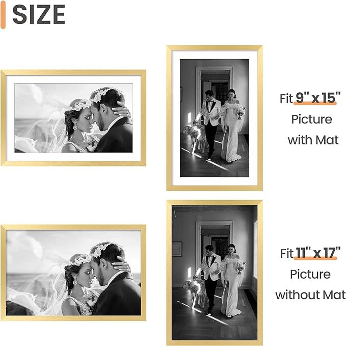upsimples 11x17 Picture Frame, Gallery Wall Frames Set of 5, Gold | Poster Frame Collage Wall Decor, 9x15 Picture Frame with Mat for Family, Wedding, Hallway, Christmas