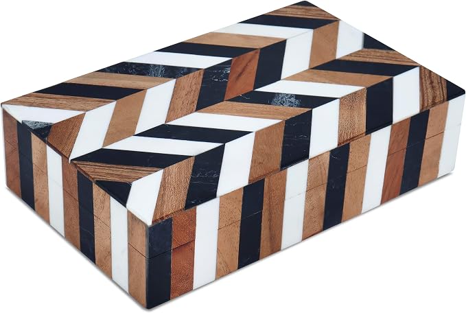 Handicrafts Home Small Decorative Storage Box with Lid Wooden Jewelry Box Trinket Box for Shelf Decor – Natural Wood Resin Inlay Marquet Cosmo Collection- 5x7x1.5