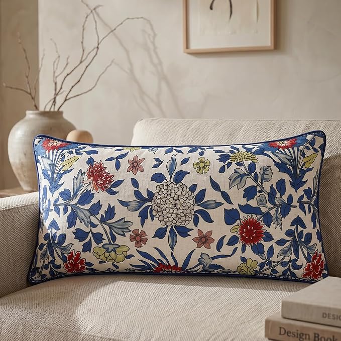 patdrea Designer Vintage Linen Throw Pillow Cover,12"x28",Set of 2-Ivar A | Decorative Pillow Cover,Blue and White Floral Pattern,Pillow Case for Couch Living Room Bedroom Sofa Outdoor