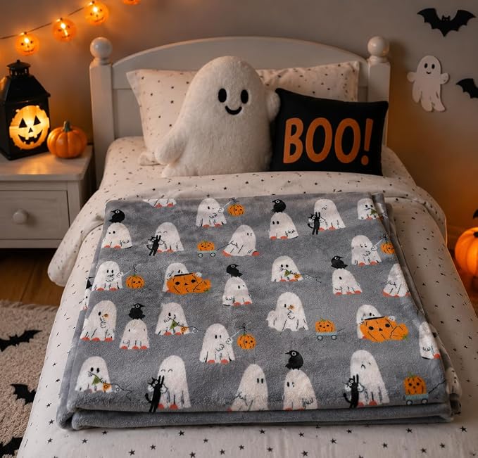 Halloween Ghost Fleece Throw Blanket, Cute Baby Ghost Party, Gray, 50x70 in | Ultra-soft cozy flannel fleece, for sofa couch bed chair & dorms, spooky Halloween décor, durable and machine washable.