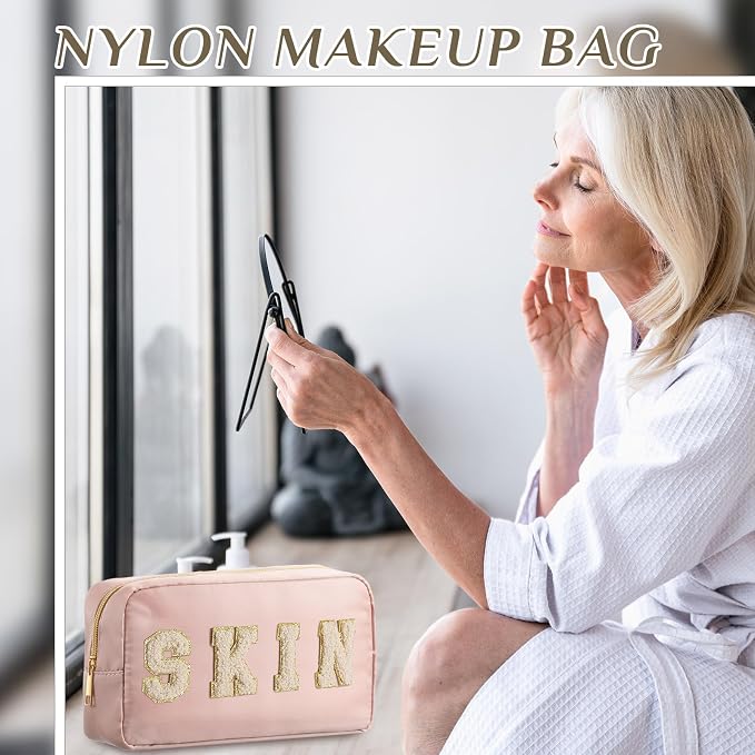 Preppy Makeup Bags Chenille Letter Stuff Bag Nylon Cosmetic Pouch Cases with Zipper for Women Travel Toiletry(Apricot Color,Classic,4 Pcs)