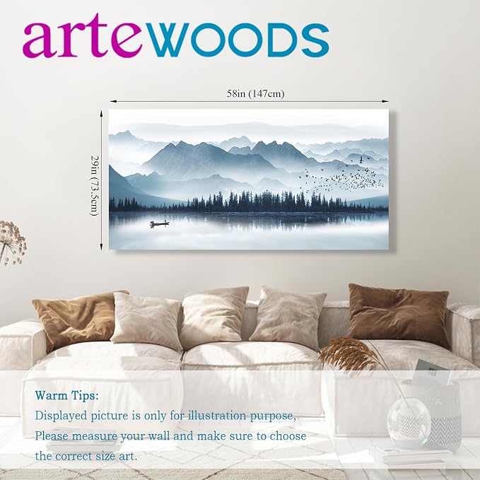 arteWOODS Indigo Canvas Wall Art Misty Mountain Wall Pictures Foggy Lake Boat Painting Print Blue Forest Birds Artwork Wall Decor for Living Room Wall Decorations Framed Ready to Hang 29" x 58"