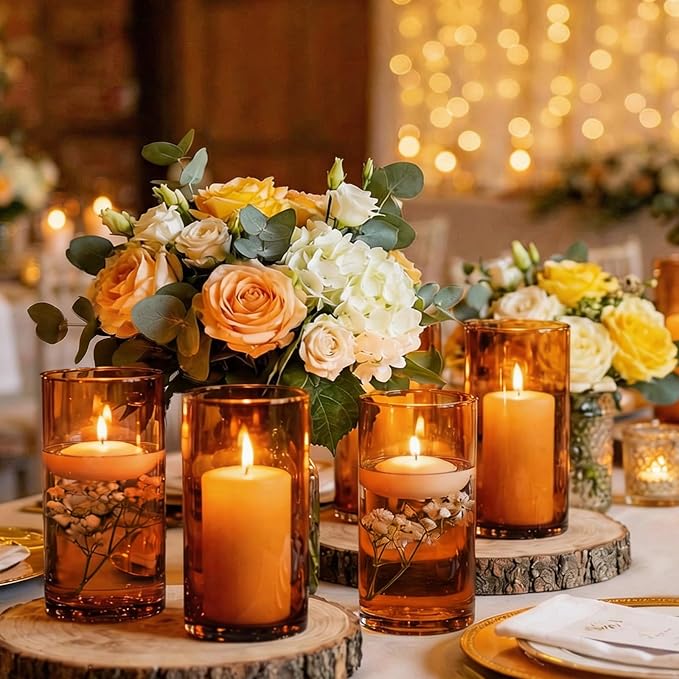 12pcs 6 Inch Amber Glass Cylinder Vases for Centerpieces | Flower Vases for Wedding, Home & Party Decor, Hurricane Floating Candle Holders for Table & Shelf