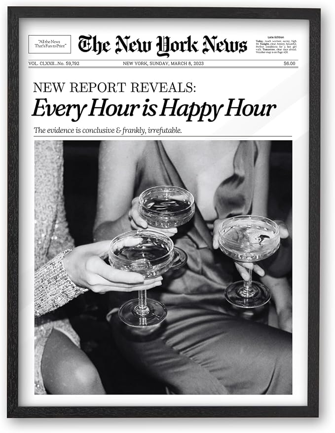 iHery 16x20in Every Hour Is Happy Hour Black Framed Newspaper Wall Art | Premium Black Natural OAK Wood Frame with Canvas Print, Retro Editorial Decor for Bedroom, Girl Dorm, Living Room 1Pack