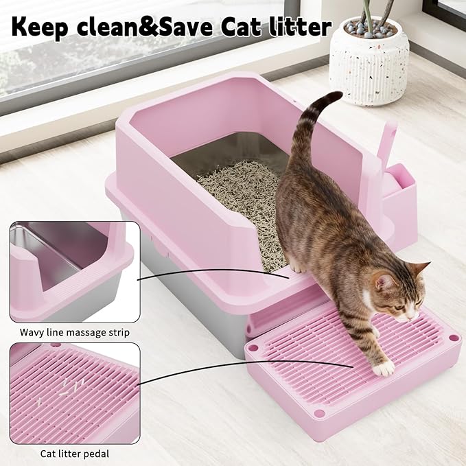 RIZZARI Cat Litter Box Anti-Scatter: Open-Room for Large Cats & Multi-Home | Odor-Free Steel Pan / Paw-Massage Entry Trap / Raised Anti-Spill Edges / Fits Maine Coon & 2+ Cats / Easy-Scoop Open View
