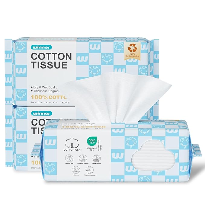 Winner Soft Face Towels, Upgraded Thicker 100% USA Cotton Dry Wipes, Unscented and Gentle on Sensitive Skin, Disposable Makeup Remover and Facial Towelettes (240 Count, Pack of 3)