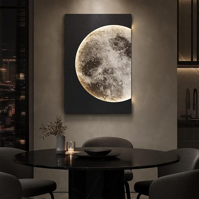 Large 3D LED Moon Wall Art, Modern Minimalist Backlit Lighted Lunar Artwork for Walls, Vertical Contemporary Black Textured Paintings for Living Room Bedroom Dining Room Hallway Entryway Wall Decor 24x36 In