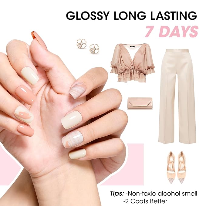 GELLEN Nude Pink French Nail Polish, Quick Air Dry Non-gel Regular Nail Polish No Light Needed for Finger Toe & Fake Nails | 6-color Spring Summer, Apply 2 Thin Coats | Toxin TPO HEMA Free, No Chip