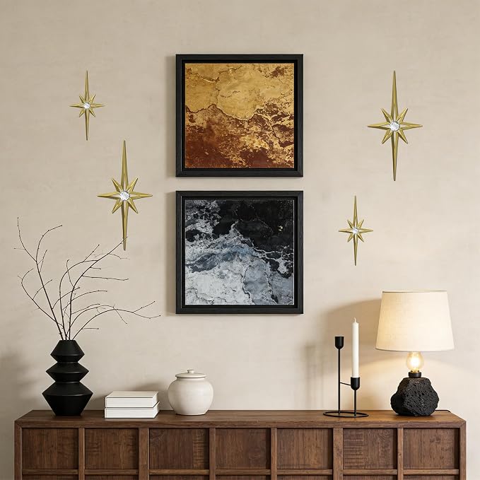 sxnzequnze 4 Pcs Star Wall Art for Home Decor Living Room Bedroom Office Metal 3D,Bling,with Hanging Hook Starburst Midcentury Sculpture Retro Gallery Accent Celestial -Gold 16.5in/9.4in