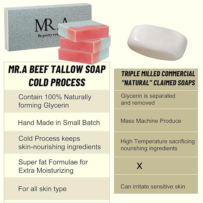 MR.A 3PCS Beef Tallow Soap Bar, All Natural Grass Fed Tallow Soap Unscented, Moisturizing Face & Body Wash, Handcrafted Bath Soap for Adults, Kids
