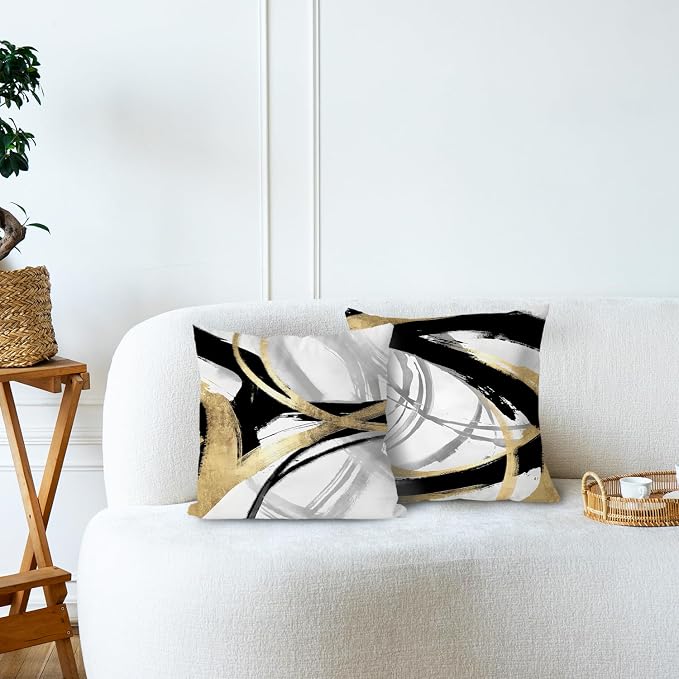 Black White and Gold Pillow Covers, Abstract Black and Gold Pillow Covers 16x16 Set of 2, Modern Boho Home Decor, Black and Gold Decorative Throw Pillows Cover for Couch Living Room Bedroom