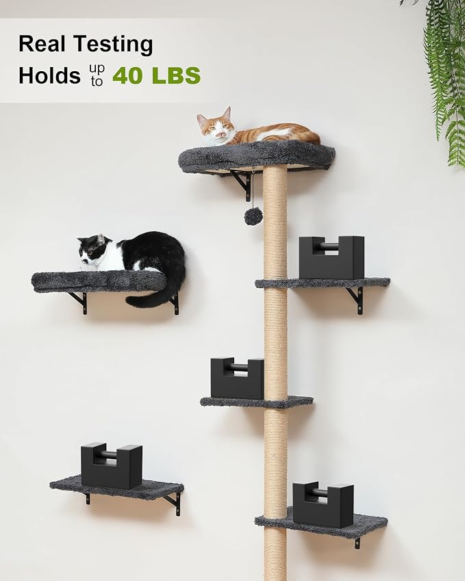 FUKUMARU Cat Wall Shelves Set, 70 inch Wall Mounted Tree, Grey | Kitten Scratching Post with Soft Cushion Perch, Space Saving Climbing Wall Furniture for 16 Inch Drywall