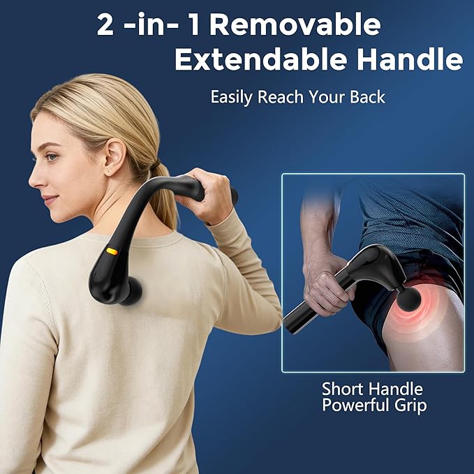 Back Massager for Pain Relief Deep Tissue, 2-in-1 Detachable Forms Percussion Massage Gun, Massage Gun Deep Tissue with 4 Heads & 5 Intensity Levels for Muscle Relaxation for Post Workout