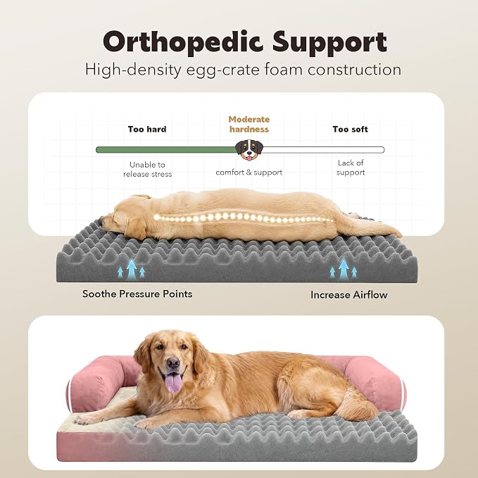 XXL Orthopedic Waterproof Dog Bed with Bolster for Extra Large Dogs | Pillow Support for Neck Relief, Egg Crate Foam, Waterproof Liner, Anti-Slip Bottom, Removable Bolster Cover, 45 x 35 Inch
