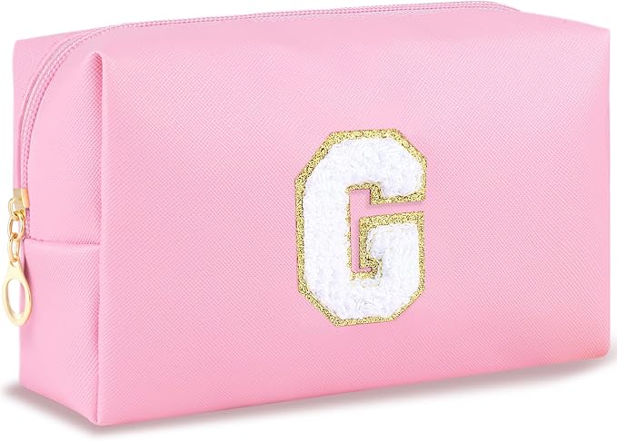 URSKYTOUS Initial Makeup Bag Personalized Preppy Travel Small Cosmetic Bag Cute PU Pink Chenille Letter Makeup Pouch for Purse Waterproof Zippered Toiletry Organizer for Women Girls Kids Friends (G)