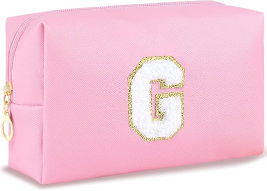 URSKYTOUS Initial Makeup Bag Personalized Preppy Travel Small Cosmetic Bag Cute PU Pink Chenille Letter Makeup Pouch for Purse Waterproof Zippered Toiletry Organizer for Women Girls Kids Friends (G)
