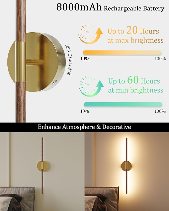 40" Battery Operated Wall Sconce Set of 2, 350° Rotating Lamp, Walnut Gold | Wireless, 8000mAh Rechargeable Battery, Stepless Dimming, 3000K-6000K, Remote & Touch Control, Timer, Living Room, Bedroom