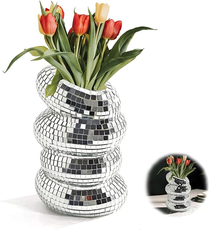 1Pcs Disco Ball Vase, Silver Mirror Finish Disco Ball Planter, Home Living Room Balcony Study Desk Party Decor.
