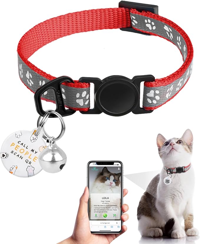 Breakaway Reflective Cat Collar with QR Name Tag & Bell (Red)
