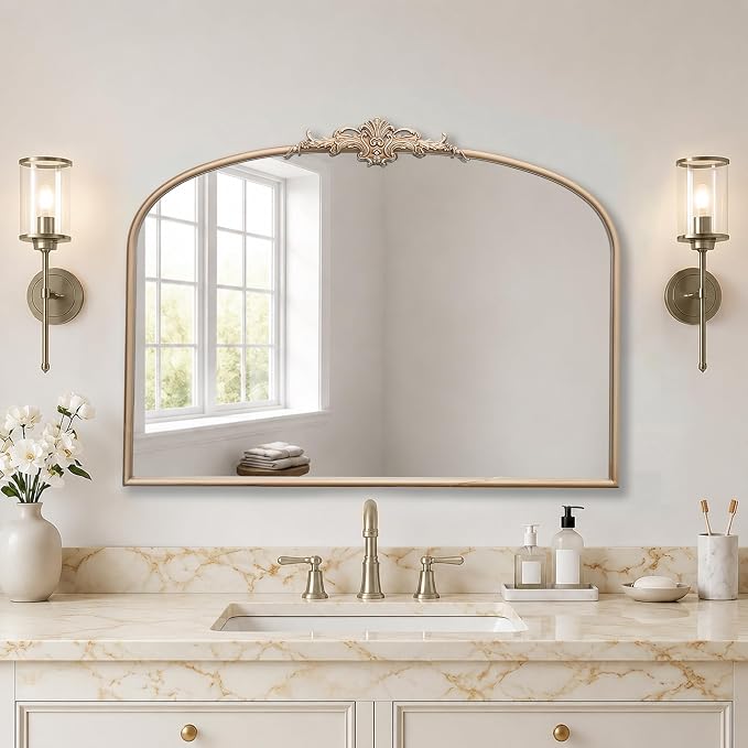 Besdomus Vintage Arched Gold Mirror: 40"x29" Large Champagne Decorative | Antique Baroque Metal Frame Mirrors - Traditional Ornate for Entryway/Dresser/Fireplace/Bathroom - Ideal for Home Renovations