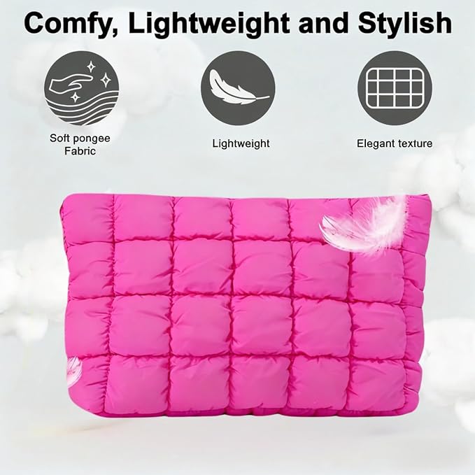 Hot Pink Puffer Quilted Makeup Bag for Women with Furry Keychains - 10" Roomy Puffy Cosmetic Pouch, Travel Toiletry Organizer Bag (HP-Fu-HP)