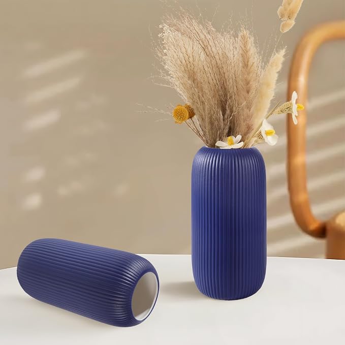 Ceramic Vase for Flowers – Modern Small Ribbed Textured Flower Vase for Home Decor, Pampas Grass, Decorative, Farmhouse, Coffee Table, Kitchen Centerpieces, Bookshelf and Home Living (Navy Blue)