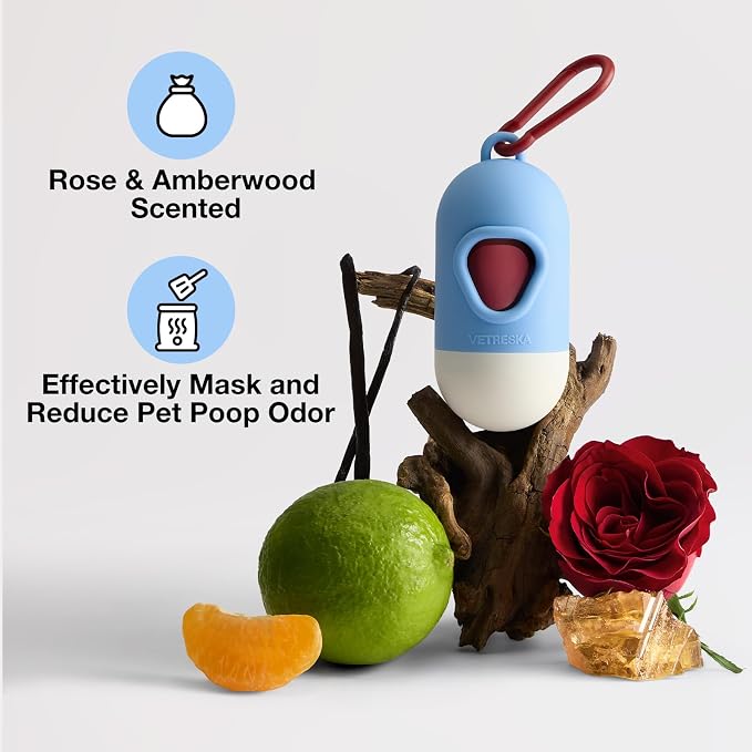 VETRESKA Dog Poop Bag Dispenser with 105 Bags, Leak Proof and Extra Thick | Pet Waste Bags for Dog Walking and Cat Litter, Rose & Amberwood Scented
