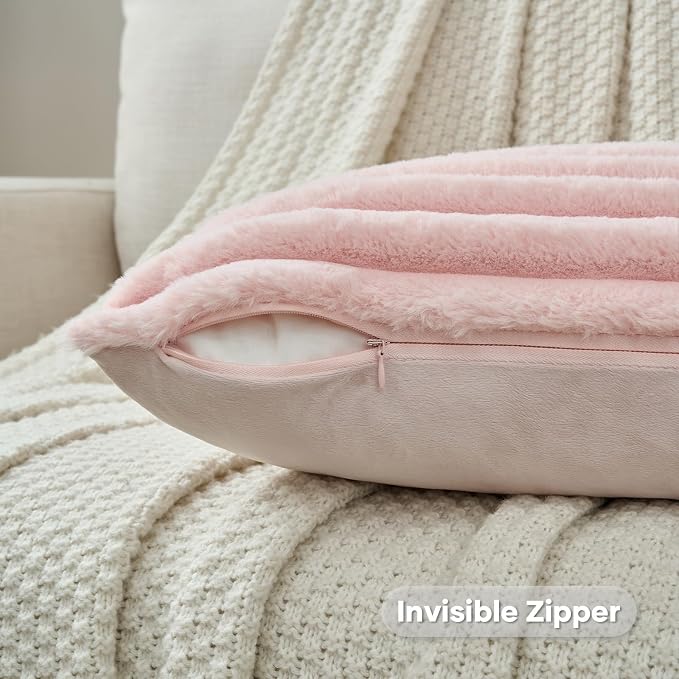FUTEI Pack of 2 Faux Fur Throw Pillow Covers 22x22 Inch, Pink | Fluffy Faux Rabbit Fur Front/Premium Velvet Back,Hidden Zipper,Machine Washable,Non-Shedding,Colorfast,Insert Not Included.