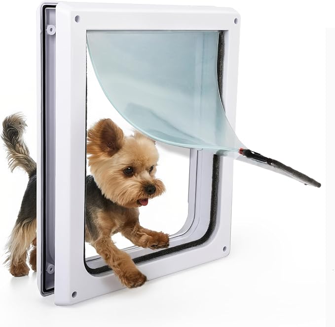 PAWISE 2 Way Dog Door, Lockable Doggy Door with Safe Metal Panel & Flexible Transparent Flap, Weatherproof & Easy Install Pet Door for Dogs and Cats, Quiet Design Dog Flap (9.8"x11.4")