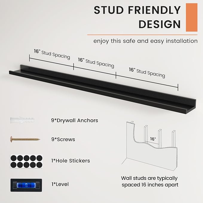 Picture Ledge Shelf, Long Floating Shelves for Wall, 56" W Set of 2, Black | FSC Certified Engineered Wood, Wall Mounted Bookshelf, for Nursery Living Room Bedroom, Easy Install