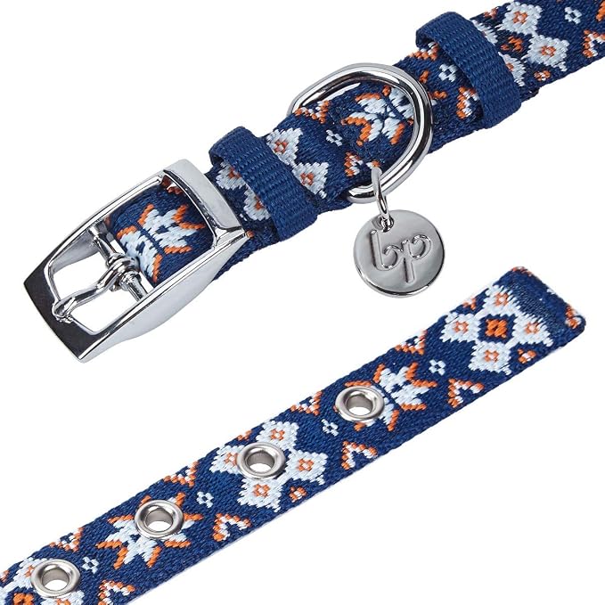 Blueberry Pet Southwestern Modern Tribal Print Navy Braided Adjustable Dog Collar with Metal Buckle, Neck 9-12.5", for Small Breed