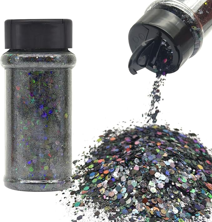 Black - Craft Glitter - 2oz Glitter Shaker Bright Colorful Holographic Mix Chunky Body Glitter Bulk Wholesale 24 Colors in Shaker Cosmetic Glitter - EBLB1000
