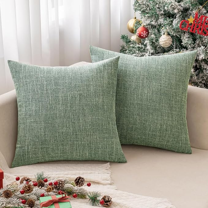 MIULEE Pack of 2 Decorative Linen Burlap Textured Pillow Covers Farmhouse Boho Accent Pillowcases Spring Home Decor for Couch Sofa Bedroom Living Room 20x20 Inch Sage Green