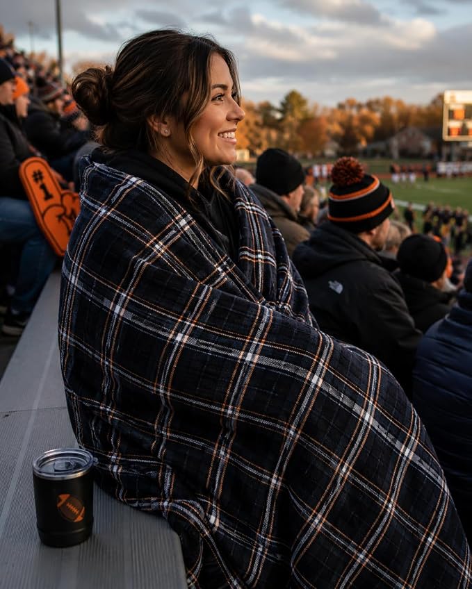 Halloween Fall Fleece Throw Blanket, Black White Orange Plaid, 50x60 | Ultra-soft cozy flannel fleece, for sofa bed couch chair & dorms, spooky Halloween décor, durable and machine washable.