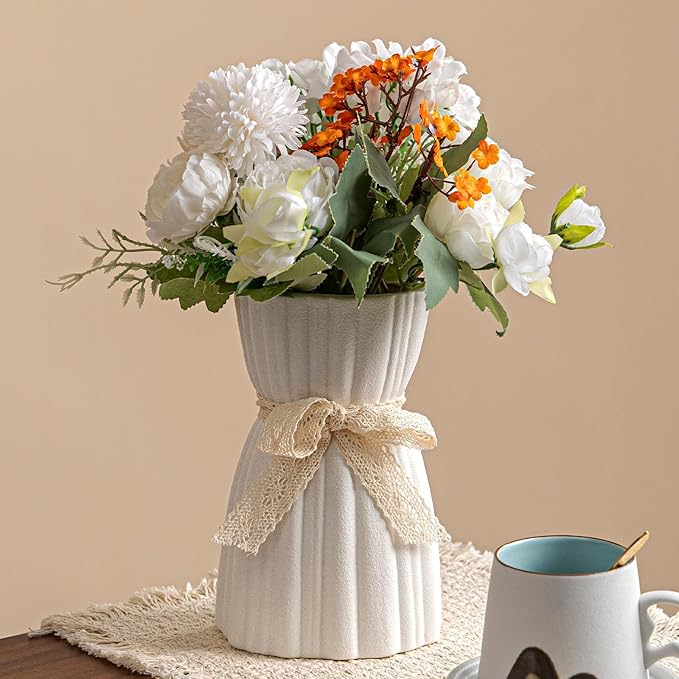 White Ceramic Vase with Lace Bow & Ribbed Texture - 7.7" Unique Flower Vase for Pampas Grass & Centerpieces, Farmhouse/Boho Decorative Vase for Living Room, Office Desk & Gift for Her/Yourself