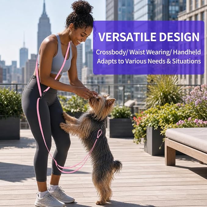 Kazazoo Hands-Free Dog Leash Adjustable Length 5-8 Ft,Waist & Crossbody Leash for Walking with Small Dogs Bichon Frisé & Teddy Reflective Strips, Ballistic Nylon, Waist Belt, Lightweight Pink