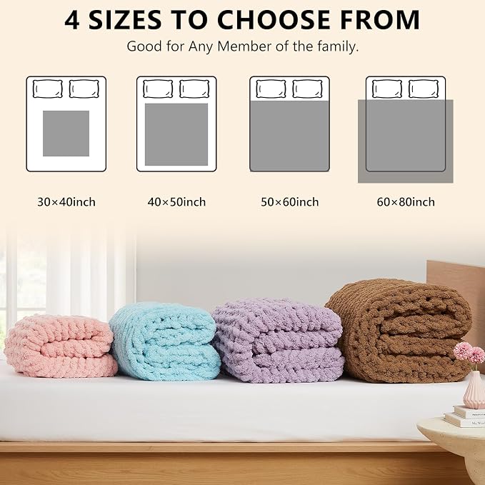 L'AGRATY Chunky Knit Throw Blanket for Couch, 50'' x 60'' Knit Throw, Pink | Handmade Chenille Crochet Blanket for Sofa Bed, Thick Cable Knitted Blankets for Room Home Decor, Birthday Gift for Women Mom
