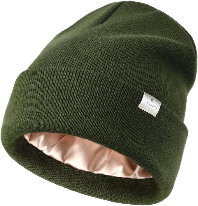 YANIBEST Satin Lined Beanie for Women Reduce Frizz Winter Hats for Women Men Silk Lining Soft Slouchy Warm Cuffed Less Static