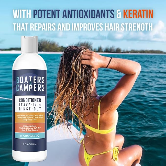 STREAM 2 SEA Boaters and Campers Hair Conditioner for Dry Damaged Hair, 16 oz Reef Safe, Fragrance Free All Natural Deep Conditioner for Camping and Boating, Paraben Free