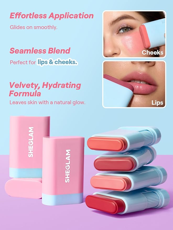 SHEGLAM Glass Glow Blush Stick Cream for Cheek and Lip, Waterproof Hydrating Tinted Solid Moisturizer Blendable Natural Grow Nude Face Blush Makeup-Pink Lemonade