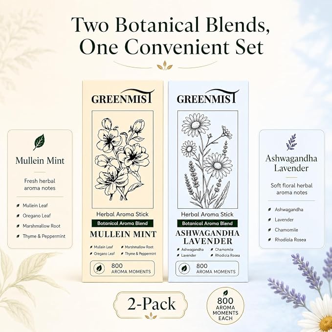 GREENMIST Scent Sticks 2 Pack, Yellow and Blue Aroma Pens, Mullein Mint Thyme Scent and Ashwagandha Lavender Chamomile Scent, Pocket Size Fragrance Sticks for Home Office Car Travel