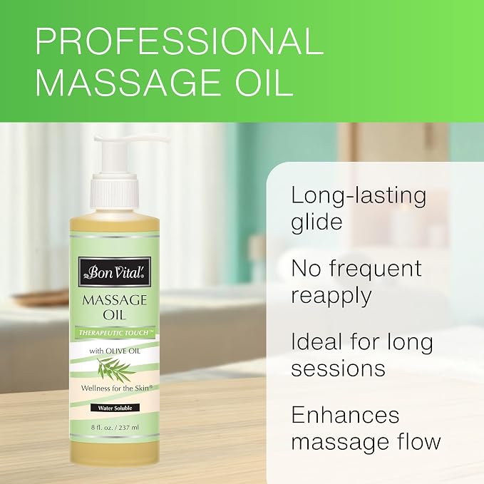 Bon Vital' Therapeutic Touch Massage Oil, 8oz Pump, Unscented Massage Oil for Massage Therapy With Olive Oil, Lightweight Non-Greasy Formula, Professional-Grade for Dry Skin and Sore Muscles