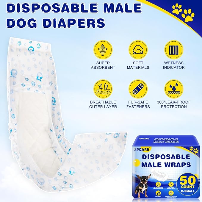 50 Count Disposable Dog Diapers Male with Wetness Indicator(X-Small) | Dog Belly Band Belly Bands for Male Dogs Male Dog Wraps,Super Absorbent Leak-Proof Fit for Incontinence Marking