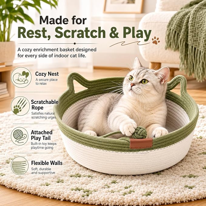 Instinct Basket for Cats - Handwoven Cotton Rope Enrichment Bed with Attached Toy Tail, Scratchable Interactive Pet Nest Features Flexible Walls to Fight Boredom & Protect Furniture (Grey & Mat, L)