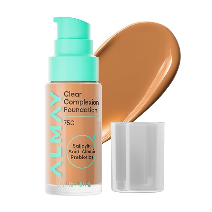Almay Clear Complexion Foundation, Oil-Free Face Makeup for Acne-Prone Skin, Buildable Coverage, Soft-Matte Finish, Vegan, 750, 1 fl oz