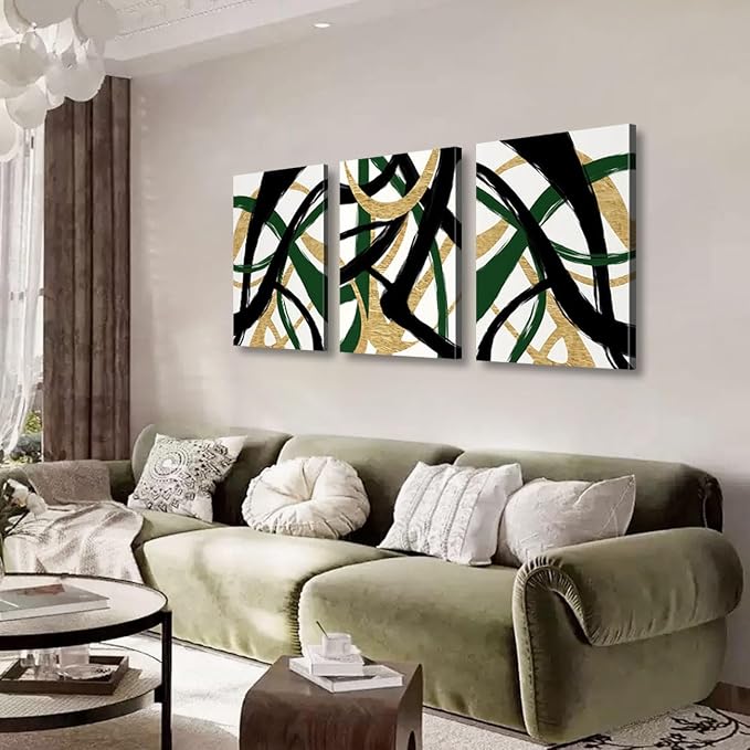 3 Pcs Framed work Abstract Lines Canvas Wall Art Modern Black, Green, Gold Geometric Brushwork Prints Posters Abstract Line Images Framed gallery packaging artwork for living room prints bedroom office and home decor 16X24Inch