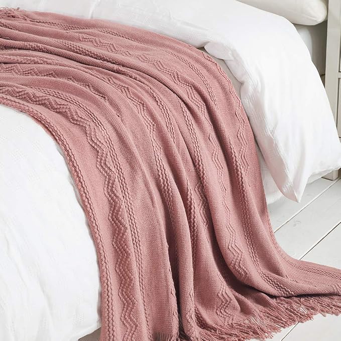 BOURINA Coral Pink Throw Blanket 60x80 Inch Knitted Soft Throw Sofa Blanket | Knitted Throw Blanket 60x80 Inches, Soft Lightweight Boho Weave Throw Decorative Couch Blanket for Living Room Bedroom Chair