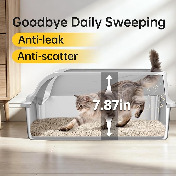 High-Sided Stainless Steel XL Cat Litter Box for Cats | High-sided design prevents urine leakage. Non-stick and easy to clean. Includes scoop.