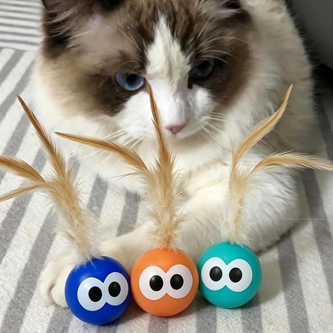 Bouncy Cat Toys with Feathers 3-Pack, Interactive Rubber Ball with Goofy Eyes and Natural Tail for Indoor Cats & Kittens, High Elastic Bouncing Toy for Chase Hunt Play